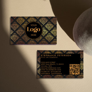 Carte De Visite Code QR personnalisé à rayures en damas noir et or