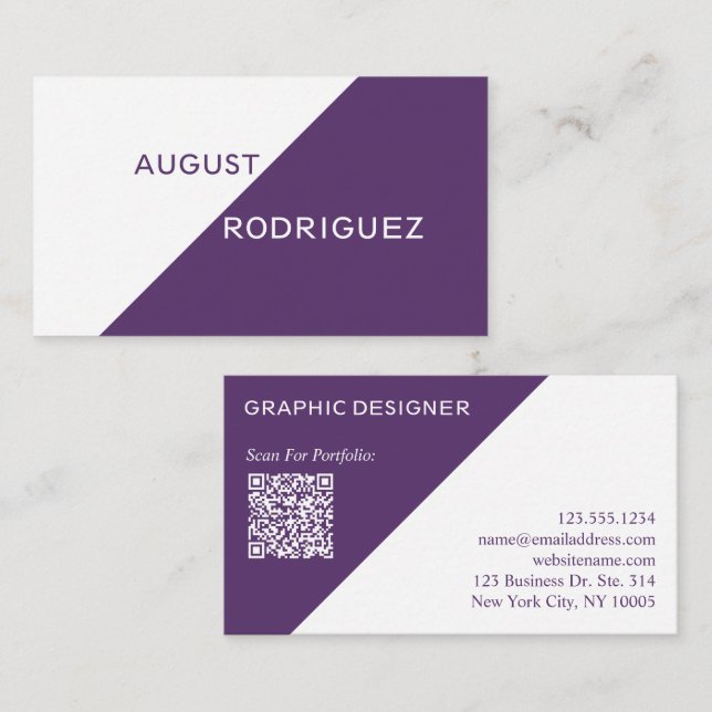 Carte De Visite Code QR personnalisé blanc violet (Devant / Derrière)