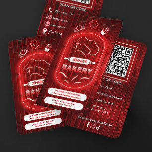 Carte De Visite Code QR personnalisé de boulangerie rose néon roug