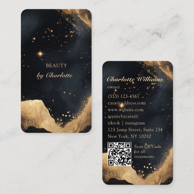 Carte De Visite Code QR personnalisé de la galaxie noir et or (Devant / Derrière)