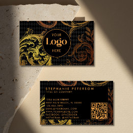 Carte De Visite Code QR personnalisé de luxe noir et or baroque Lo