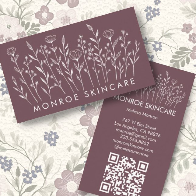 Carte De Visite Code QR personnalisé fleur sauvage élégant Art Chi (Lovely elegant floral line art decorates these custom business cards with QR codes)