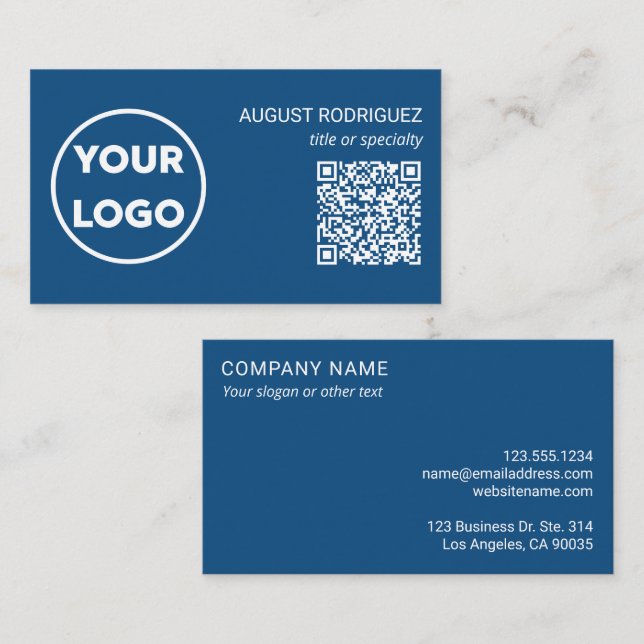 Carte De Visite Code QR personnalisé Logo d'affaires bleu moderne (Devant / Derrière)