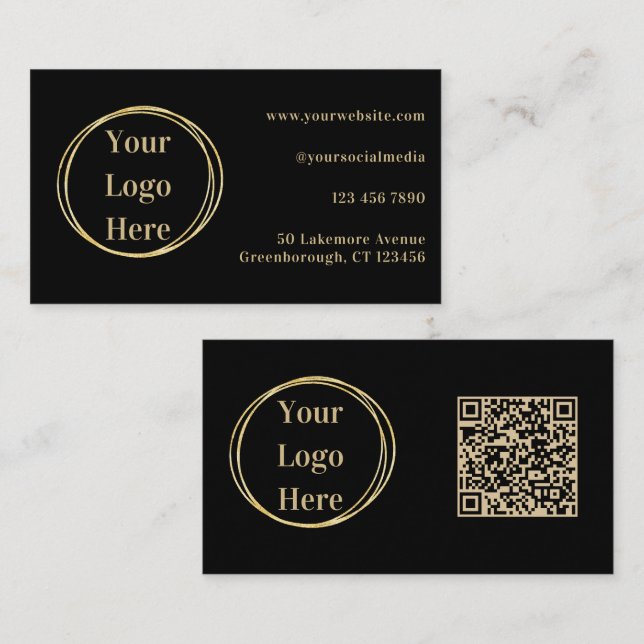 Carte De Visite Code QR personnalisé Or noir moderne (Devant / Derrière)
