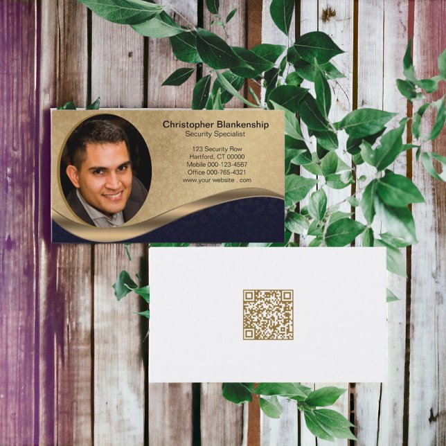 Carte De Visite Code QR personnalisé professionnel noir et beige a (Easy to personalize QR code & custom photo double sided design business card for any business. )