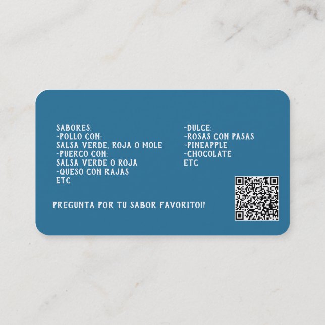 Carte De Visite Code QR personnalisé Tamales (Dos)