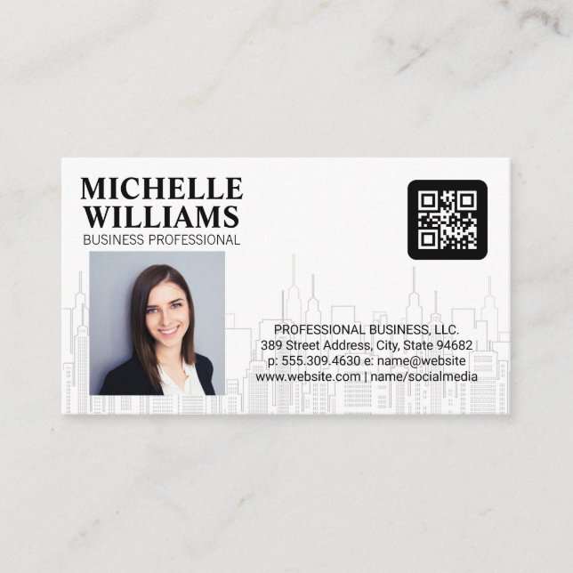 Carte De Visite Code QR | Personne d'affaires | Ville Skyline (Devant)