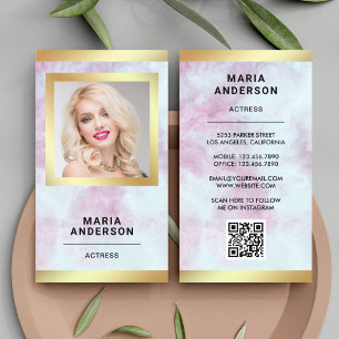 Carte De Visite Code QR Photo Actrice Modèle Or Marbre Rose