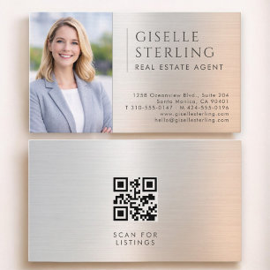 Carte De Visite Code QR photo d'agent immobilier en métal brossé