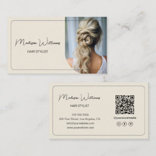 Carte De Visite Code QR photo de salon de coiffure moderne crème