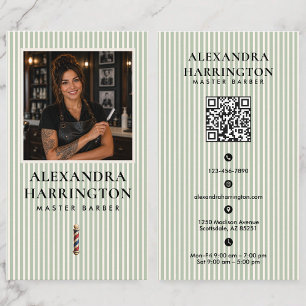 Carte De Visite Code QR photo d'une maîtresse barbier ivory verte