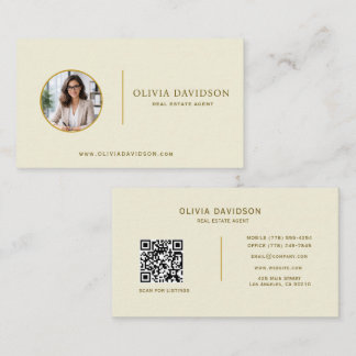 Carte De Visite Code QR photo immobilier Or Beige Professionnel