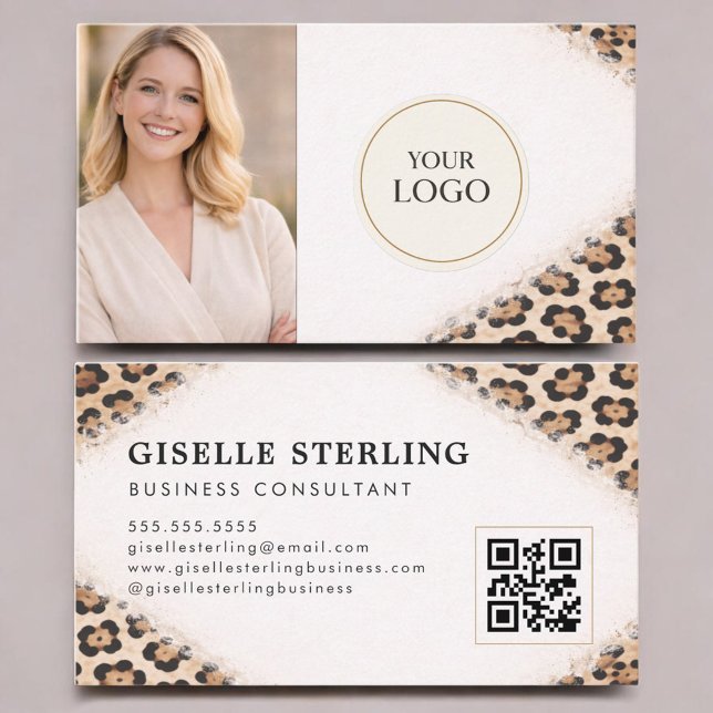 Carte De Visite Code QR photo logo imprimé léopard guépard (Créateur téléchargé)