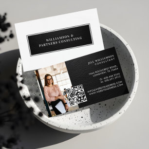 Carte De Visite Code QR photo minimal élégant moderne en cuir noir