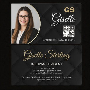 Carte De Visite Code QR photo noir d'agent d'assurance de luxe 