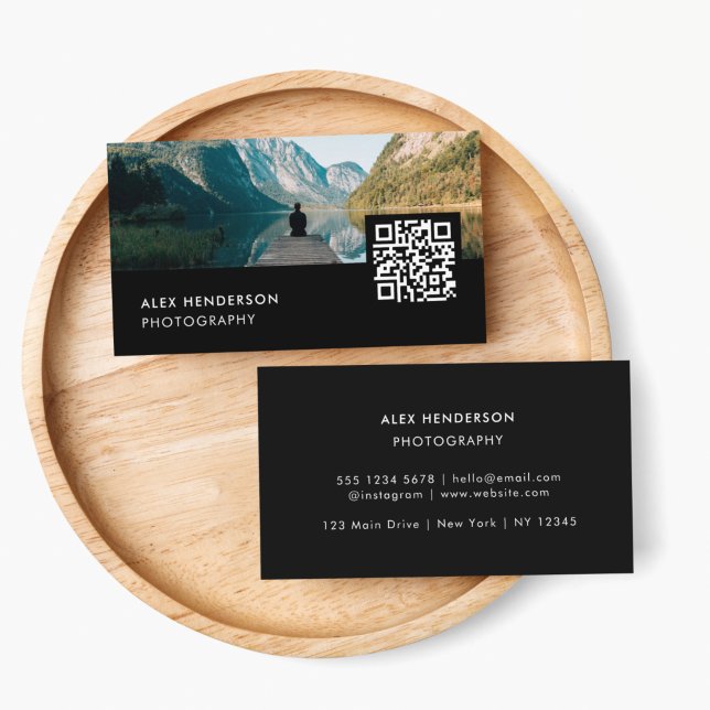 Carte De Visite Code QR photo | Photographe Photographie noir (Showcase your photo & add the URL for your QR code for effortless professional networking)