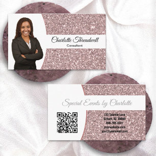 Carte De Visite Code QR photo professionnel pailleté or rose faux