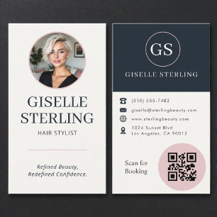 Carte De Visite Code QR photo rose et marine pour coiffeur