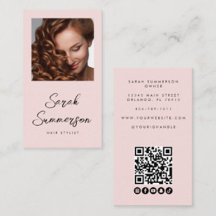 Carte De Visite Code QR Photo Script Rose Noir Coiffeur