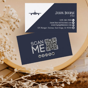 Carte De Visite Code QR professionnel Aviation Bleu marine Minimal