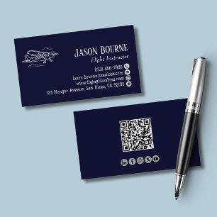 Carte De Visite Code QR professionnel Aviation Employé Marine Bleu