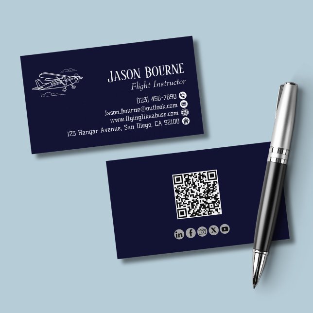 Carte De Visite Code QR professionnel Aviation Employé Marine Bleu (Créateur téléchargé)