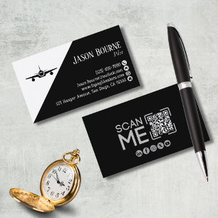 Carte De Visite Code QR professionnel Aviation Pilote Noir et Blan