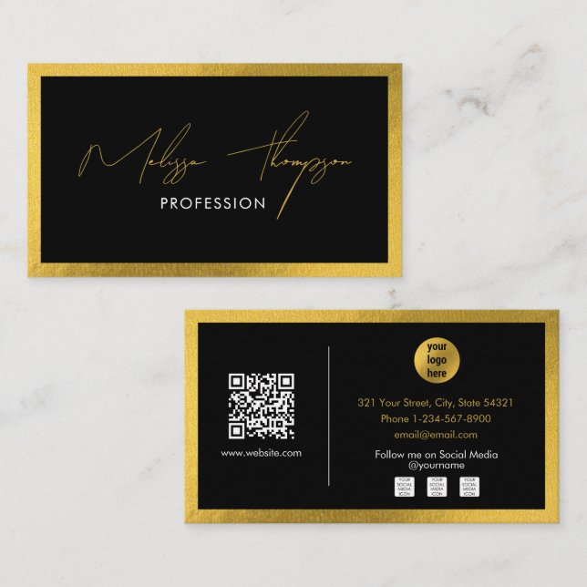 Carte De Visite Code QR professionnel Black Gold Signature Script (Devant / Derrière)