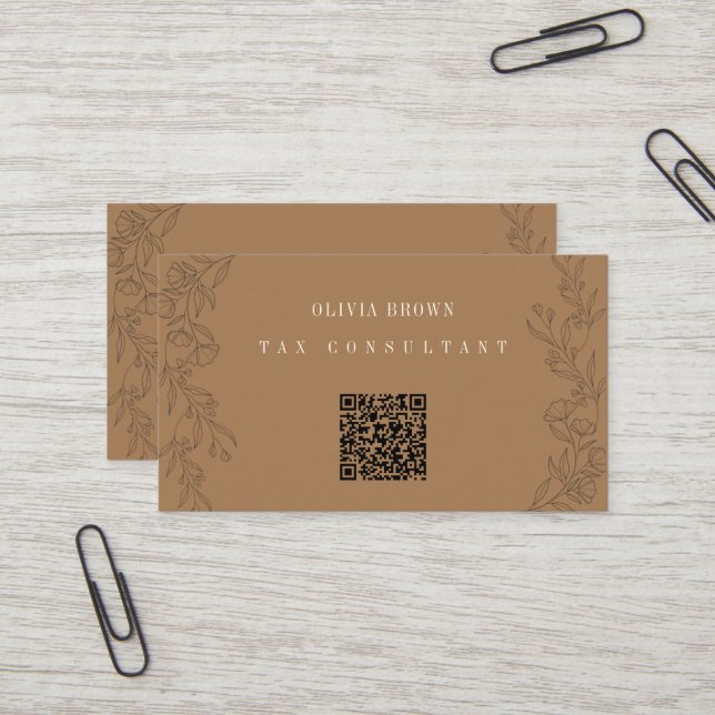 Carte De Visite Code QR professionnel brun (Devant/Arrière en situation)