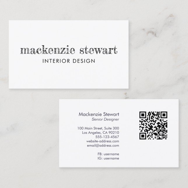 Carte De Visite Code QR professionnel de lettrage à la main minima (Devant / Derrière)