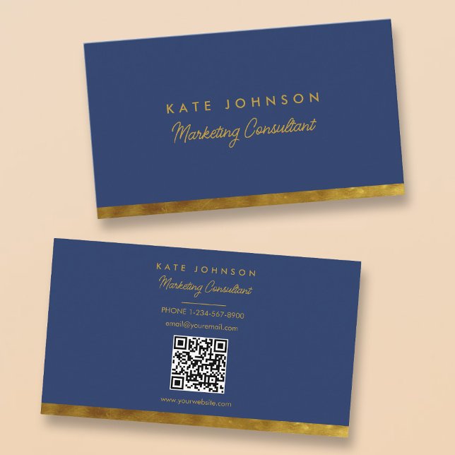 Carte De Visite Code QR professionnel de luxe Gold Navy Blue (Créateur téléchargé)