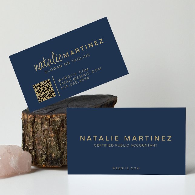 Carte De Visite Code QR Professionnel Élégant Bleu Et Or Script (Créateur téléchargé)