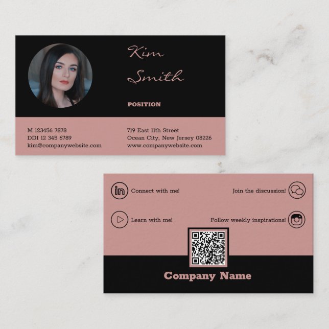Carte De Visite Code QR professionnel élégant noir et rose (Devant / Derrière)