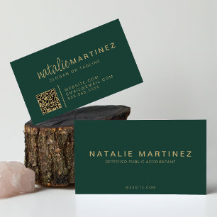 Carte De Visite Code QR professionnel Emerald Green Gold Script