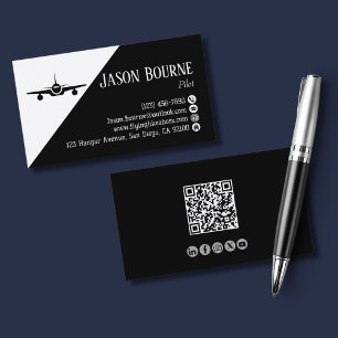 Carte De Visite Code QR professionnel employé de l'aviation noir e