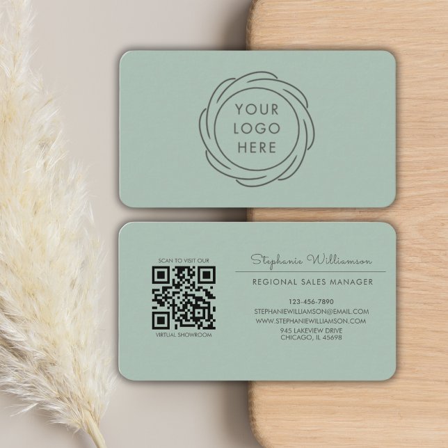 Carte De Visite Code QR Professionnel Logo Sage Vert Moderne (Créateur téléchargé)