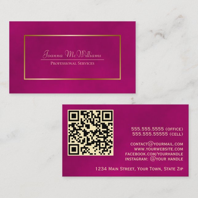 Carte De Visite Code QR professionnel Magenta & Gold élégant (Devant / Derrière)