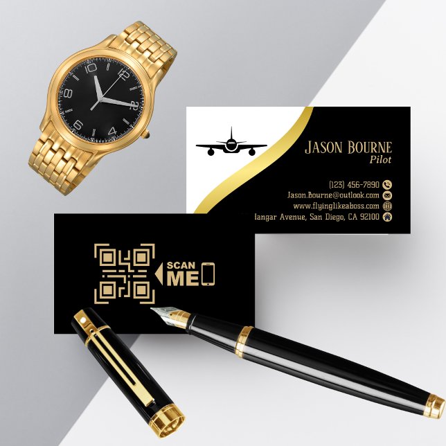 Carte De Visite Code QR professionnel noir or pilote minimaliste (Créateur téléchargé)