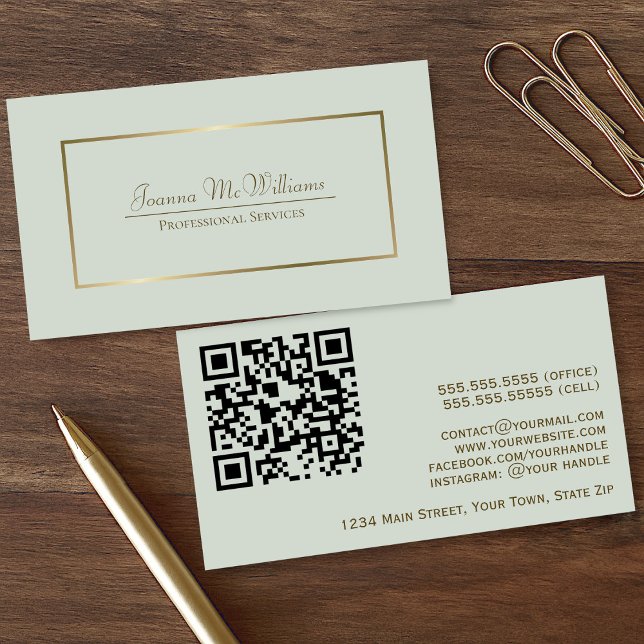 Carte De Visite Code QR professionnel Sage Green & Gold Elegant (Front/Back)