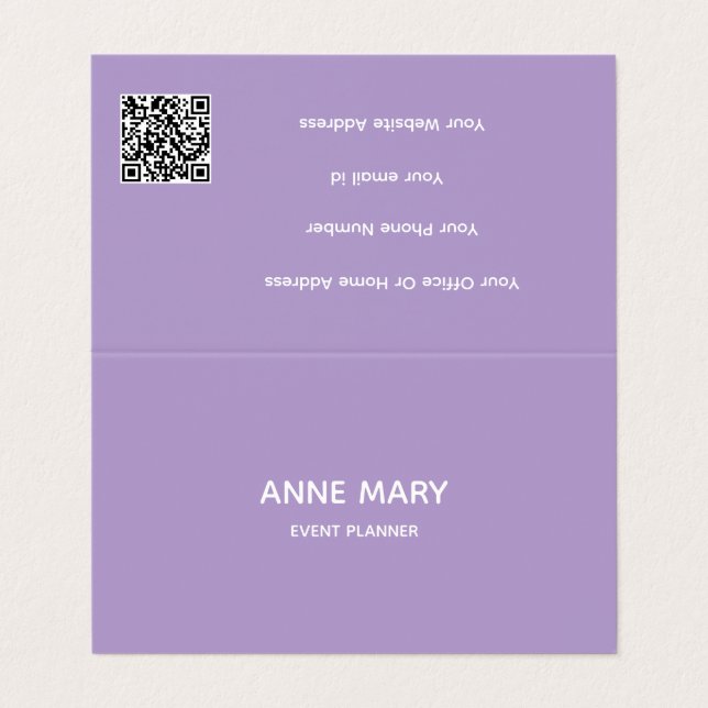 Carte De Visite Code QR Professionnel Violet Blanc Lavande Violet  (Extérieur déplié)