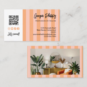 Carte De Visite Code QR rayures rose pêche Photo Médias Sociaux