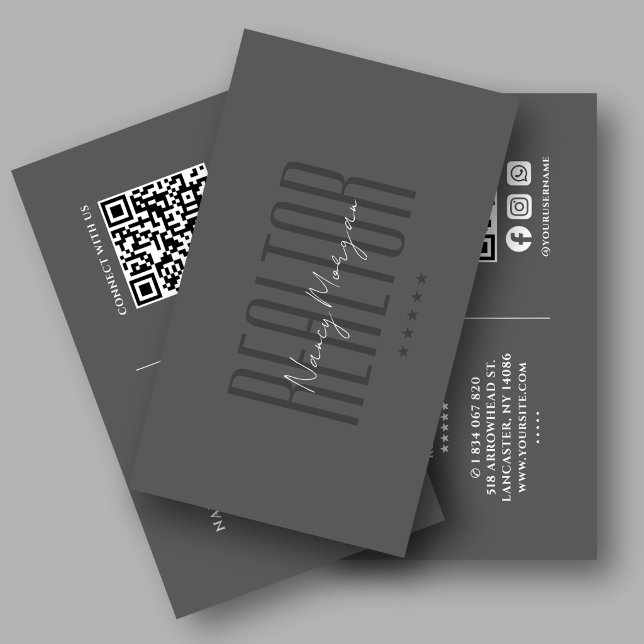 Carte De Visite Code QR Realtor Gris Foncé  (Créateur téléchargé)
