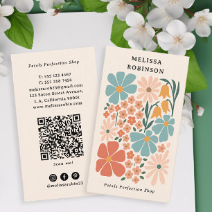 Carte De Visite Code QR Rétro Beige Boutique de Fleuriste Féminine