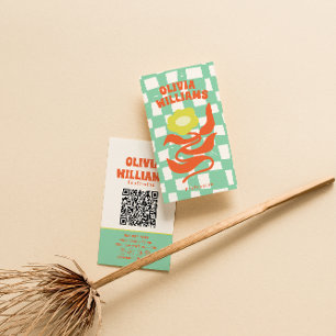 Carte De Visite Code QR Rétro Boho Groovy À Carreaux Floral Margue