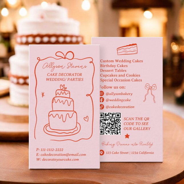 Carte De Visite Code qr rétro rouge français Scribbles gâteau déco (Retro red French Scribbles cake decorator qr code Business Card)