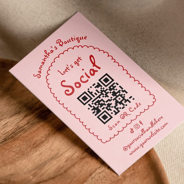 Carte De Visite Code QR rétro rouge rose manuscrit fille Whimsical (Hand drawn whimsical blush pink and red QR code business cards - use it for your socials or website)
