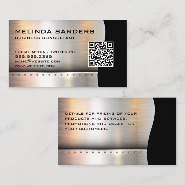 Carte De Visite Code QR / Rivets d'argent métallique (Devant / Derrière)