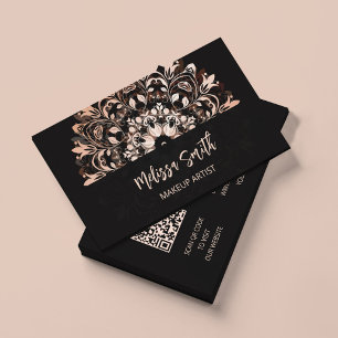 Carte De Visite Code QR   Rose Gold Black Floral Mandala