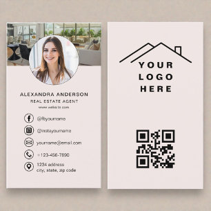 Carte De Visite Code QR Rose Pâle Logo Photo Agent Immobilier