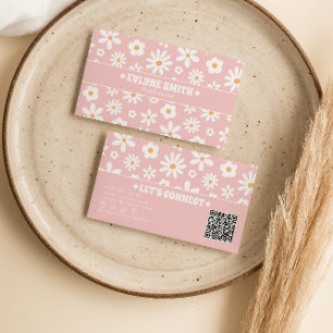 Carte De Visite Code QR Rose Rétro Groovy Floral Bohème Féminin Un